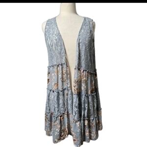 ENTRO BLUE FLORAL LACE SLEEVLESS OPEN FRONT CARDIGAN SIZE M
